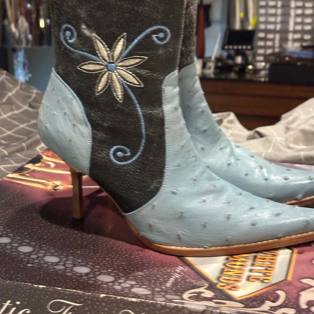 Blue and Gray Heeled Boots with Embroidery